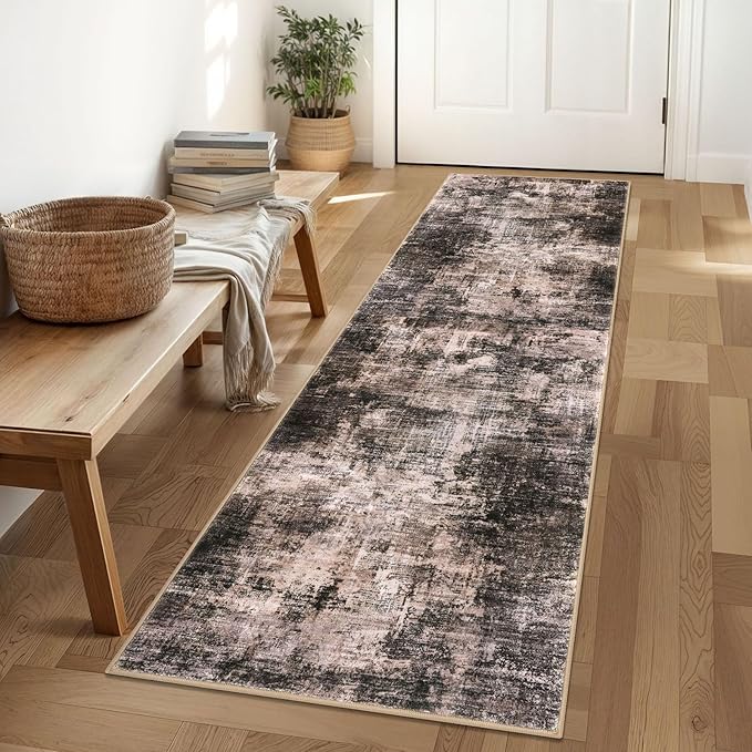 IOHOUZE Abstract Runner Rug 2x6 Ft Washable Runners for Hallways, Non Slip Kitchen Runner Printed Faux Wool Entryway Runner Indoor, Modern Abstract Floor Carpet for Hall Kitchen Bedroom, Brown/Rust