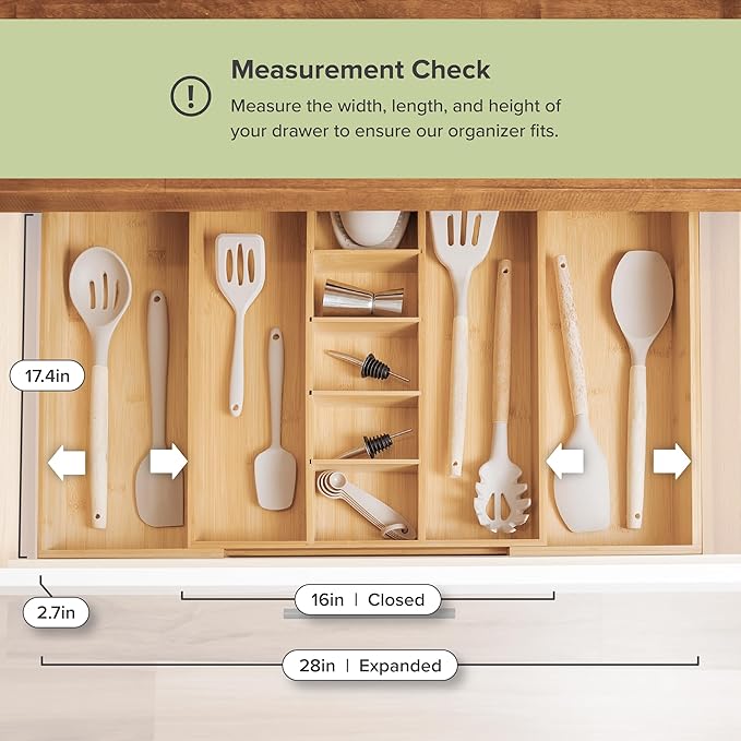 KitchenEdge Adjustable Kitchen Drawer Organizer for Utensils and Junk, Food-Safe Contract Grade with 100% Sustainable Wood, Expandable from 16 to 28 Inches Wide - Natural Bamboo