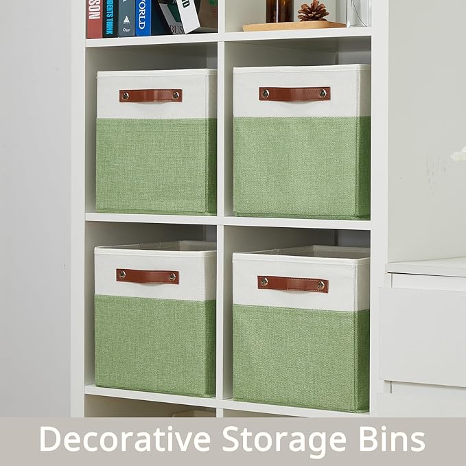 HNZIGE Fabric 11x11 Cube Storage Bins, Set of 4, Foldable Storage Cube Bin Baskets for Shelves with Handles, Bins for Cube Organizer Home Toy Nursery Closet(Green White)