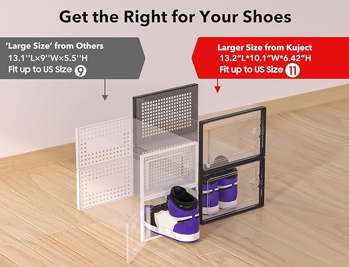 Kuject X-Large Shoe Storage Boxes Organizers Clear Plastic Stackable 12 Pack, Shoe Rack & Holder Substitute, Sneaker Containers, Toy Storage Organizer Bins for Entryway, Closet, Under Bed, Black