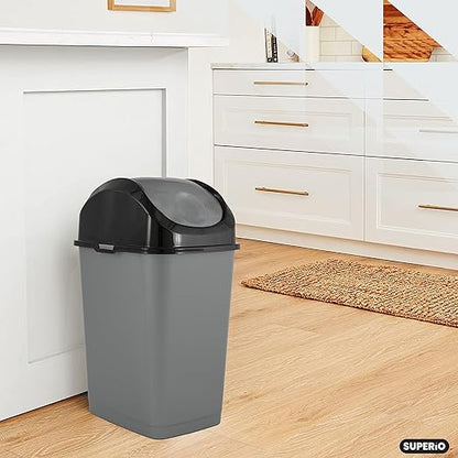 Superio Trash Can with Swing Top Lid 9 Gallon, Grey and Black Slim Waste Bin Durable Plastic 37 Qt Fit Small Spaces, Office, Bathroom, Under