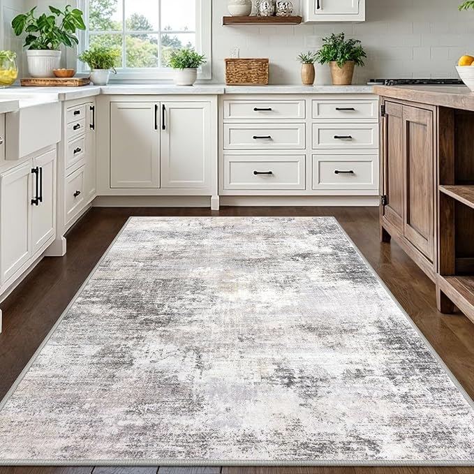 IOHOUZE Abstract Area Rugs 5x7 Ft Washable Rugs for Living Room, Non Slip Dining Room Rug, Printed Faux Wool Rugs for Bedroom, Floor Carpet for Kitchen Nursery Playroom, Grey Beige