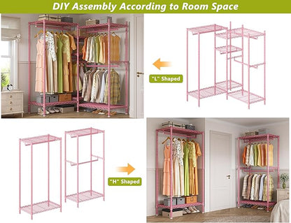 Raybee Clothing Racks for Hanging Clothes Heavy Duty Clothes Rack Load 750LBS clothes rack, 77" H x 70.5" W x 13.8" D, Pink