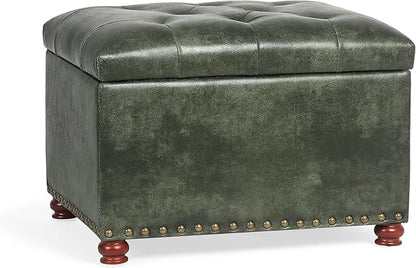 24'' Leather Ottoman with Storage Rectangle Foot Rest Ottomans Stool for Living Room(Green,Leather Texture)