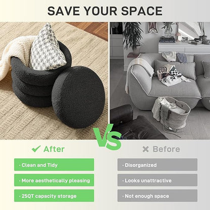Round Ottoman with Storage Boucle Ottoman Stool with Storage Removable Lid for Living Room Modern Vanity Sorage Stool Foot Rest Bedroom Dorm Gift Set of 1 (Black)