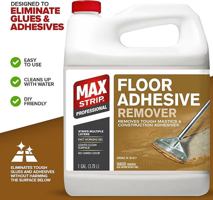Max Strip Floor Adhesive Remover - 1 Gallon - Professional Fast Working Gel Strips Multiple Layers - Removes Tough Mastics and Construction Adhesives - No Harsh Odor Leaves Surface Clean