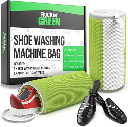 Rockin'Green Shoe Washing Machine Bag - 360° Deep Clean Shoe Washing Bag - Shoe Bag for Washing Machine with Cleaning Fibers - Reusable Sneaker Washing Machine Bag with Zipper (2 Pieces)