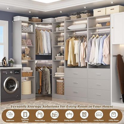 Corner Closet System with 6 Drawers, Closet Organizer System with 14 Shelves & 4 Hanging Rods, 87.2"L * 39.2"W / 63.2"L * 63.2"W Reversible L Shaped Walk-in Closets, Load 2500+LBS, Grey