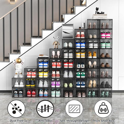 12 Pack Hard Sturdy Thickened Rigid XX Large Shoe Storage Organizer for Closet, Clear Stackable Sneaker Shoe Boxes Rack Containers Display Case Bins with Lids, Grey