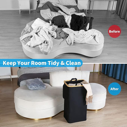 100L Laundry Basket with Lid and Net Bag, Tall Laundry Hamper with Bamboo Handles, Aesthetic Dirty Clothes Bin for Laundry Room, Bathroom, Bedroom and Dorm, Black