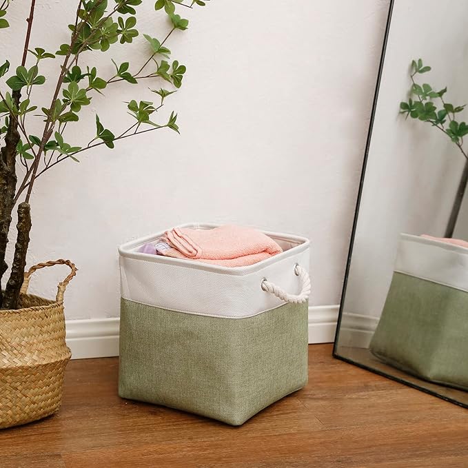 Cube Storage Bins, Collapsible Fabric Storage Cubes Bins, 11 Inch Cube Storage Bins with Handles, Foldable Storage Cubes (White/Green, 6Pack)