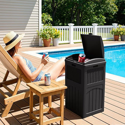 Greesum 33 Gallon Outdoor Trash Can with Lid, Waterproof Resin Garbage Bin for Hideaway, Deck, Patio, Dark Black