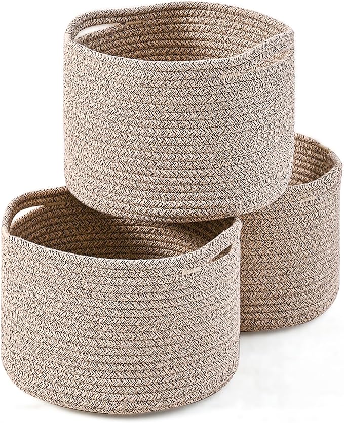 Small Storage Baskets for Organizing, Organizer Baskets for Shelves, Small Woven Basket for Storage, Cute Cotton Rope Basket for Gifts Empty, 9.7"×9.7"×7" (3 Packs) Brown