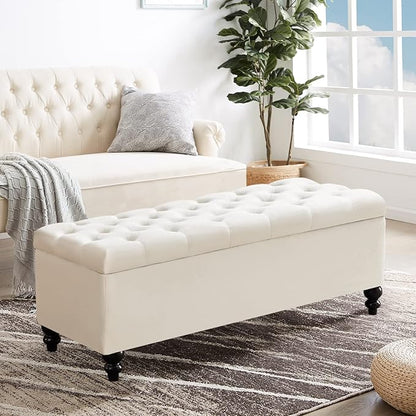 Living&Giving Storage Ottoman 50.2 Inches Upholstered Fabric Storage Ottoman Bench，Button Tufted Ottoman with Storage for Living Room，Bedroom End of Bed Bench Withstands 304lbs (Ivory-TP)