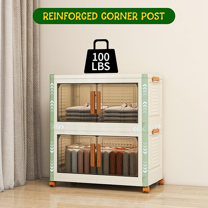 2 Tier Large Stackable Plastic Storage Bins with 1 Lid 95 QT/Tier, Collapsible Plastic Box Storage Bin with Wheels, Home Containers Boxes Closet Organizers for Living Room, Office, Dorm