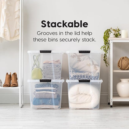 IRIS USA 72 Qt Stackable Plastic Storage Bins with Lids, 6 Pack - BPA-Free, Made in USA - See-Through Organizing Solution, Latches, Durable Nestable Containers, Secure Pull Handle - Clear