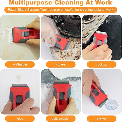 Upgraded Razor Blade Scraper with 10pcs Blades and 3Pcs small wire brushes,Scraper Tool for Cleaning Glass Window, Cooktop, Oven, Stove Scraper, Razor Scraper with Buit-In Blade Storage, Gray