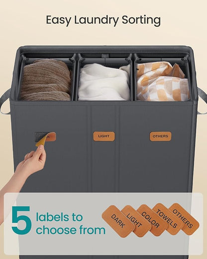 SONGMICS 42.2 Gallon (160 L) Laundry Hamper, 3-Compartment Laundry Basket Sorter with Lid, Labels, Removable Liner Bags, for Bedroom, Dark Gray URLH013G01