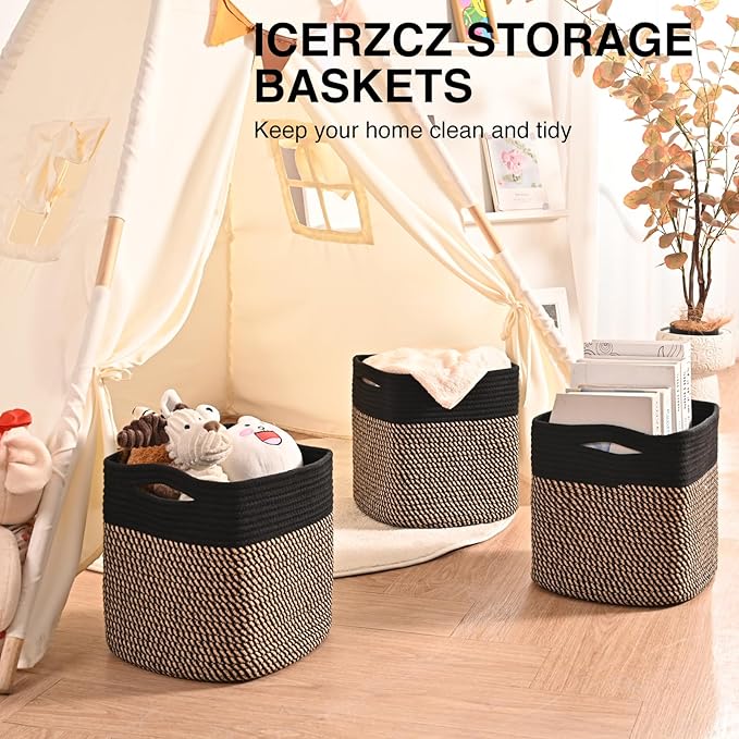 11 Inch Cube Storage Bins, Storage Cube Organizer Bins, Woven Cotton Rope Baskets for Storage, Storage Basket for Organizing Shelves, Square Baskets for Toys Nursery, Black & Jute (Pack of 3)