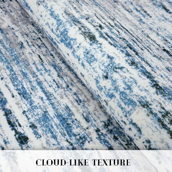 Modern Abstract 9x12 Large Machine Washable Living Room Rug Non-Slip Soft Bedroom Area Rug Grey Blue White Thin Print Faux Wool Carpet Throw Rugs for Nursery Playroom Dining Room Indoor