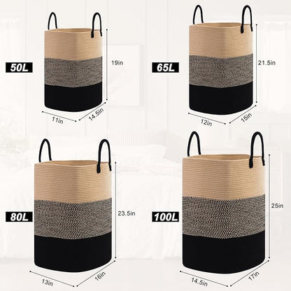 Woven Laundry Basket for Clothes, 65L Large Rectangle Laundry Hampers with Beads Tassel, Nursery Storage Basket for Toys, Tall Dirty Clothes Hamper for Bedroom Aesthetic, Laundry Room Organization