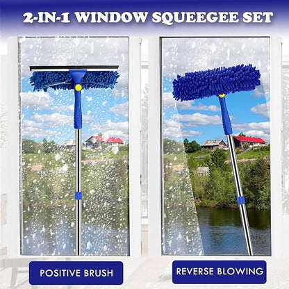 Window Squeegee Cleaner Tool Set,3-in-1 Window Cleaning Kit with 94" Long Extension Pole,Rotatable Bendable Window Washing Kit with 2 Blade 2 Scrubber for Home Car Glass Window Cleaning (11Pcs,Blue)