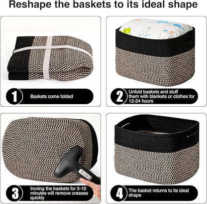 Storage Baskets for Organizing Shelves, Toy Basket for Kid's Room, Woven Cotton Rope Basket for Decor, Organizing Baskets for Bedroom Living Room, 15"x11"x9.5", 3 Packs, Black & Jute