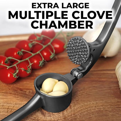 Zulay Kitchen Large Premium Garlic Press Set - Bigger Bowl for Bigger Garlic - Rust Proof & Dishwasher Safe Garlic Mincer Tool - Easy-Squeeze, Easy-Clean Silicone Garlic Peeler & Brush (Dark Gray)