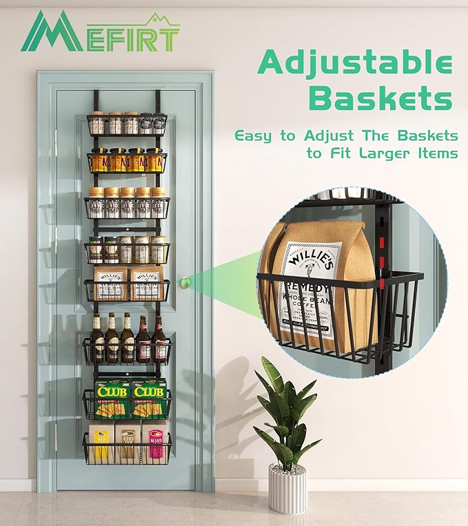 12 Inch Wide Narrow Over The Door Pantry Organizer, Pantry Organization and Storage, Black 8-Tier Metal Hanging Deep Basket Wall Spice Rack Seasoning Shelves, Home & Kitchen Essentials