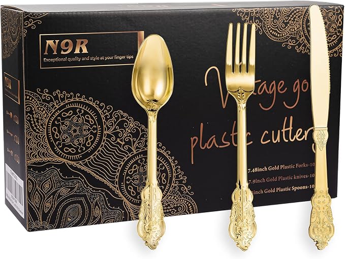 300PCS Gold Plastic Silverware, Vintage Disposable Utensils & Cutlery | 100