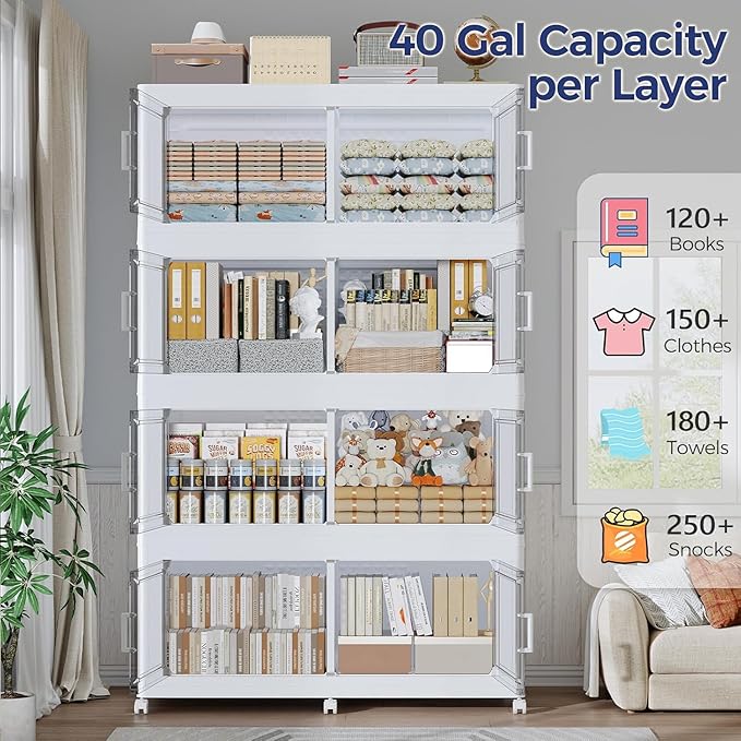 200GAL Extra Large Storage Bins with Lid, 800Qt Stackable Closet Organizers and Drawers, Collapsible Storage Bins with Wheels, Folding Storages Cabinet for Home Bedroom Office, 5Pack White