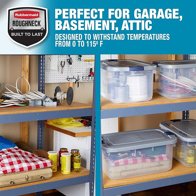 Rubbermaid Roughneck Clear 50 Qt/12 Gal Storage Containers, Pack of 5 with Latching Grey Lids, Visible Base, Sturdy and Stackable, Great for Storage and Organization