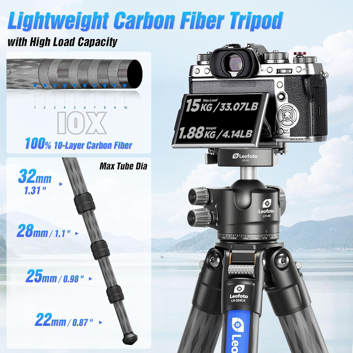 71" Carbon Fiber Travel Tripod with 360° Ball Head Set, 4 Leg Sections Lightweight Tripod with Center Column for DSLR Camera, Quick Release Plate, Max Load 15kg/33.07lb