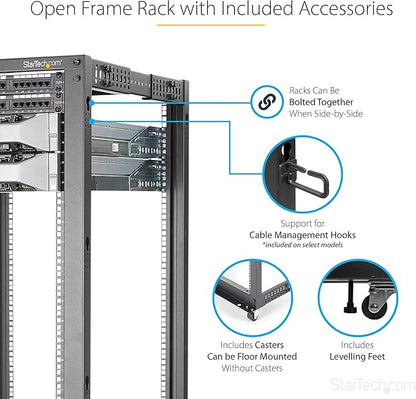 StarTech.com 4-Post 42U Mobile Open Frame Server Rack, 19in Network Rack with Wheels, Rolling Rack for Computer/AV/Data/IT Equipment - Casters, Leveling Feet or Floor Mounting (4POSTRACK42)