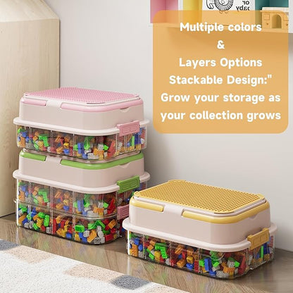 Toy Storage Organizer Box with Handle, Stackable Building Block Toy Box with Building Plate Lid & Removable Sorting Trays, Cubby Bins and Containers 1 Layer (Green)