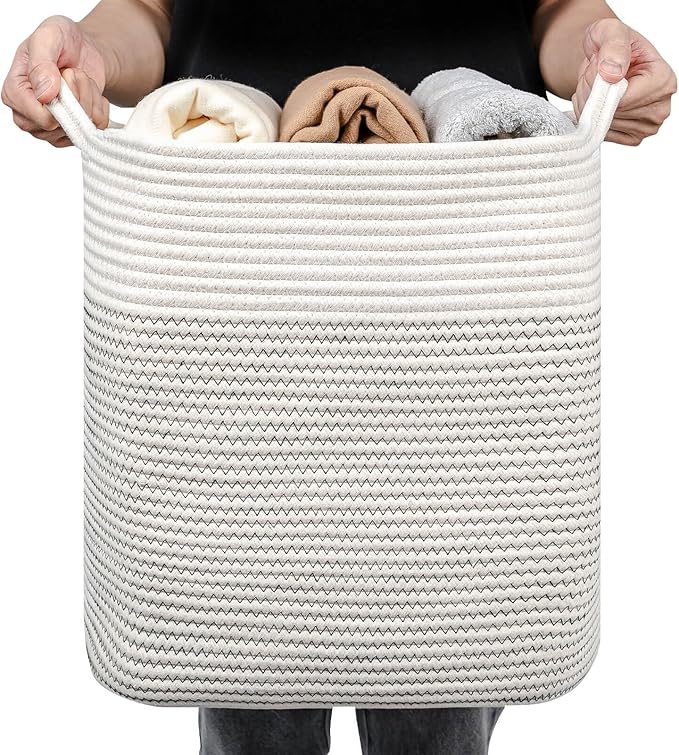 Medium and Large Woven Basket//With Handle, Used for Toys and Fabric Storage Basket used for Storing xl Storage Box, Decorative Storage Box Room (14L*15.7H I White/Black Line, 14L*10W*15.7H)