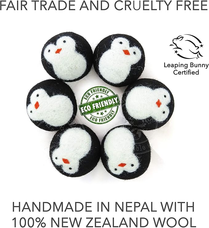 Friendsheep Wool Dryer Balls, Organic Fair Trade Reusable Fabric Softener, Extra Large, 6 Pack, Black Penguin - Cool Friends