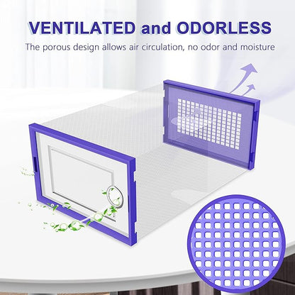 Kuject Shoe Organizers Storage Boxes for Closet, 12 Pack Clear Plastic Stackable Storage Bins with Lids, Under Bed Shoe Containers for Entryway, Drop Front, Fit up to Women's Size 10,Purple