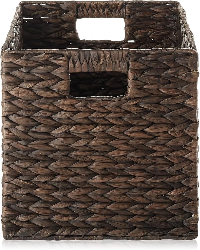 Casafield 10.5" x 10.5" Water Hyacinth Storage Baskets, Espresso - Set of 6 Collapsible Cube Organizers, Woven Bins for Bathroom, Bedroom, Laundry, Pantry, Shelves
