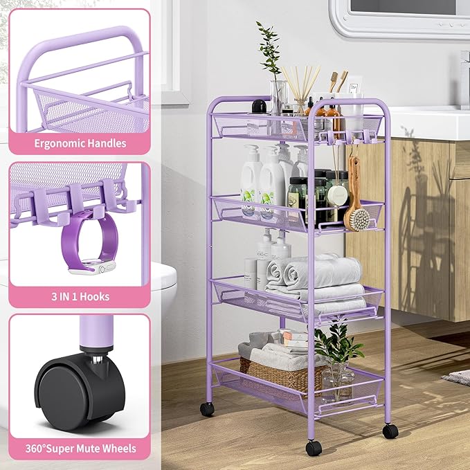 TOOLF 4-Tier Rolling Cart, Metal Utility Cart with 3 Hooks, Easy Assemble Mobile Storage Trolley On Wheels, Metal Shelving Units Kitchen Bathroom Laundry Room