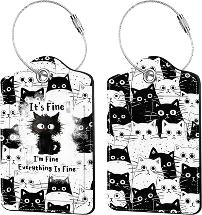 2 Pcs Funny Cat Luggage Tags for Suitcase, Leather Luggage Tags Cute, Privacy Cover ID Label with Stainless Steel Loop & Address Card, Cute Cat Travel Bag Tag Luggage Accessories for Suitcases