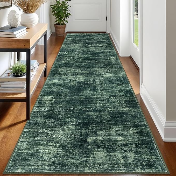 IOHOUZE Abstract Runner Rug 3x12 Ft Washable Runners for Hallways, Non Slip Kitchen Runner Printed Faux Wool Entryway Runner Indoor, Modern Abstract Floor Carpet for Hall Kitchen, Dark Green