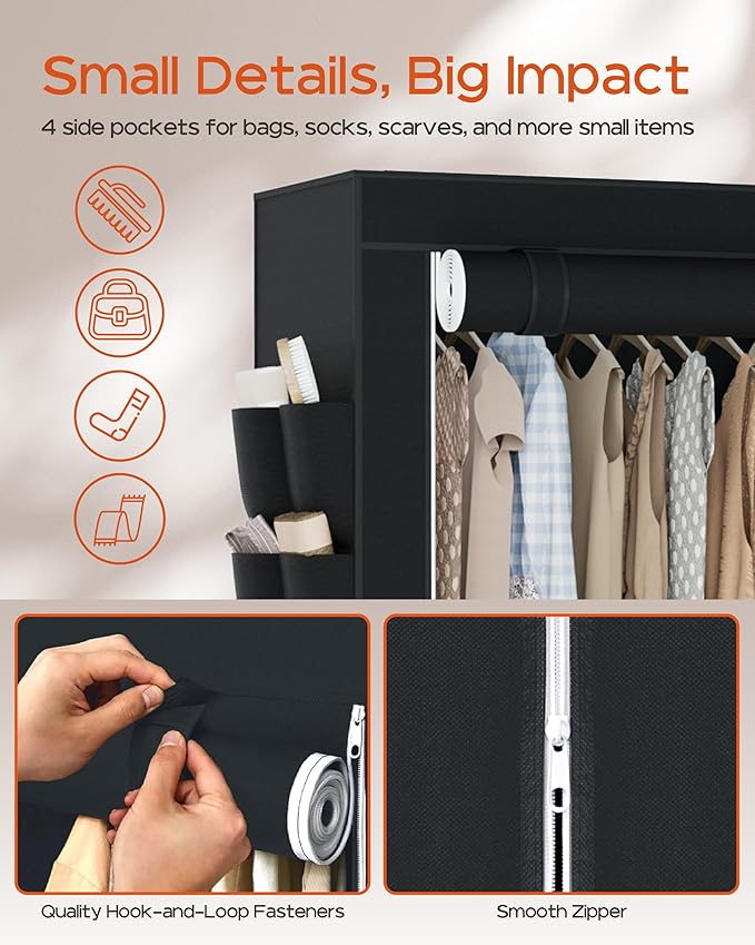 Portable Closet, 54.3 Inch Large Capacity Wardrobe Closet with Cover, Clothes Storage Organizer with Shelves and 2 Hanging Rods, Easy to Assembly, Black PCT102B01