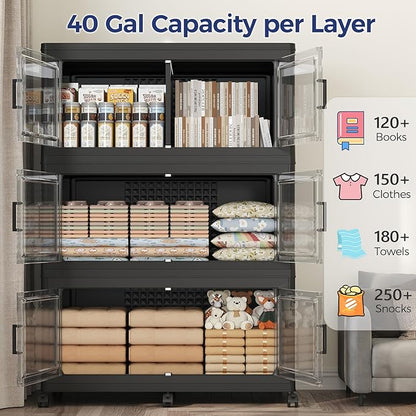 120GAL Extra Large Storage Bins with Lid, 480Qt Stackable Closet Organizers and Drawers, Collapsible Storage Bins with Wheels, Folding Storages Cabinet for Home Bedroom Office, 3Pack Black
