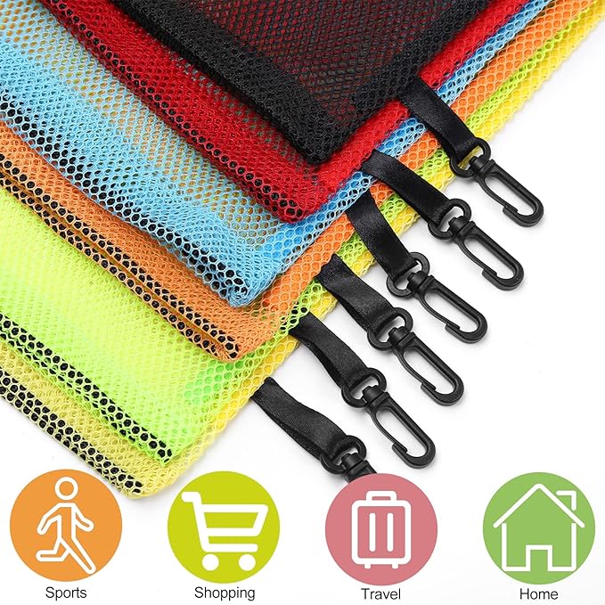 12 Pieces 6 color Mesh Bags with Clips Nylon Mesh Bag Mesh Drawstring Stuff Bag with Cord Lock for Collecting Toys Laundry Sports Gym Beach Travel