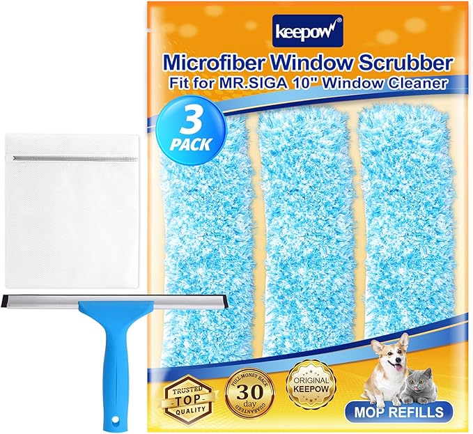 KEEPOW 10" Microfiber Window Scrubber Refill Replacement Compatible with MR.SIGA, Compatible with Ettore Professional Cleaning, Reusable & Washable Window Squeegee for Window Cleaning (3 Pack)