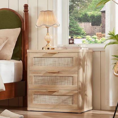 LEYAOYAO Rattan Night Stand with Drawers, 23" Large 3 Drawer Boho Nightstand, Natural Wood Bedside Table Storage Cabinet, Bed Side End Tables Dresser for Bedroom, Living Room, Hallway, Closet