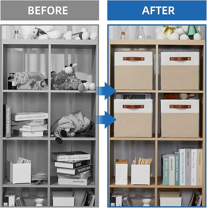 Temary Fabric Storage Cubes Bins, 11 inch Cube Storage Baskets, Foldable Cube Bins Set with Handles, Decorative Storage Boxes for Home Organizing (White & Khaki, 11 x 11 x 11)