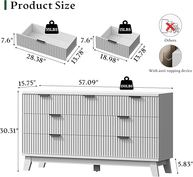 Fluted Dresser with 7 Drawers, 58" Wide Modern Chest of Drawers with Metal Handle, Wooden Dresser TV Stand, Wood Closet Clothes Storage Organizer for Bedroom, Living Room, Hallway, Solid White