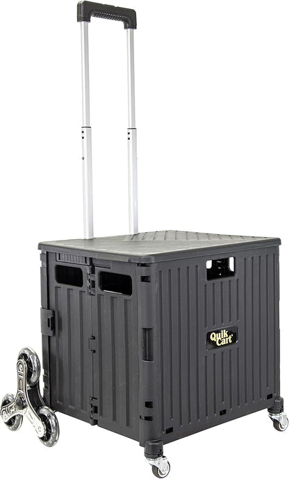 dbest products Quik Cart Stair Climber Wheeled Rolling Crate Teacher Utility with seat Heavy Duty Collapsible Basket with Handle, 18" D x 17" W x 39" H, Black